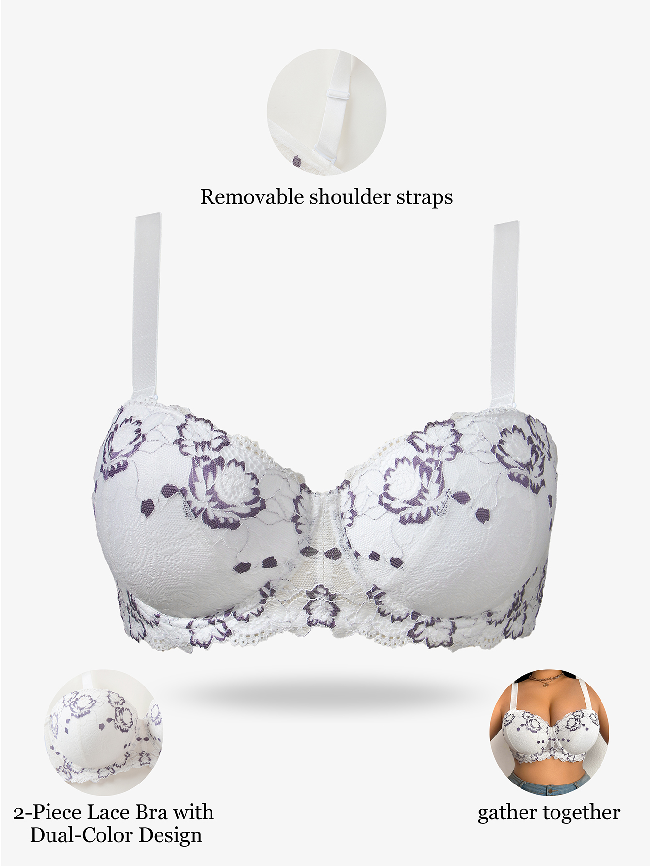 Push Up Bra Padded - Plus Size Lace & Embroidery Women