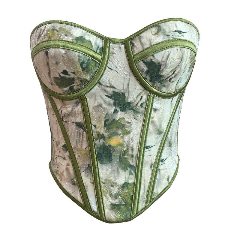 Strapless Bra Backless - Vintage Green Floral Corset Top Strapless